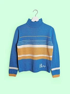 90's Striped Wool Knit Sweater - High Neck, Vintage Style