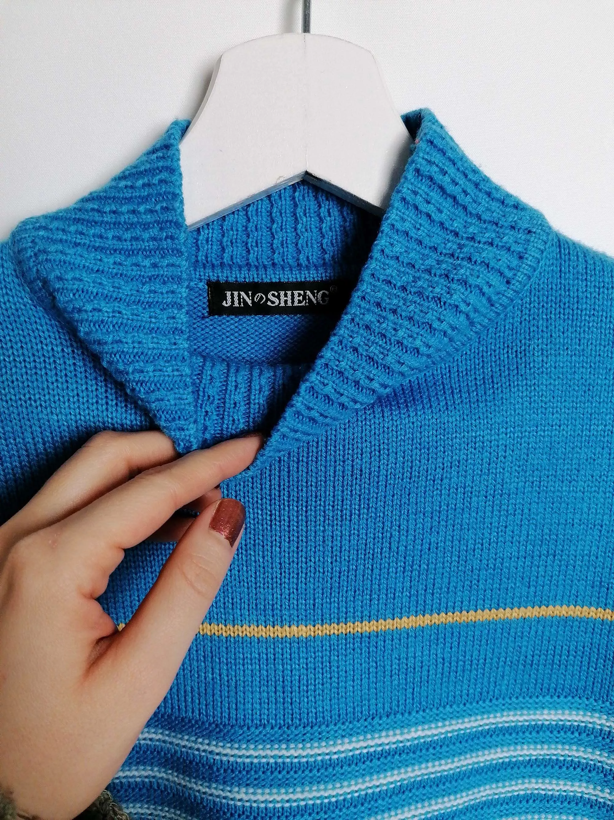 90's Striped Wool Knit Sweater - High Neck, Vintage Style