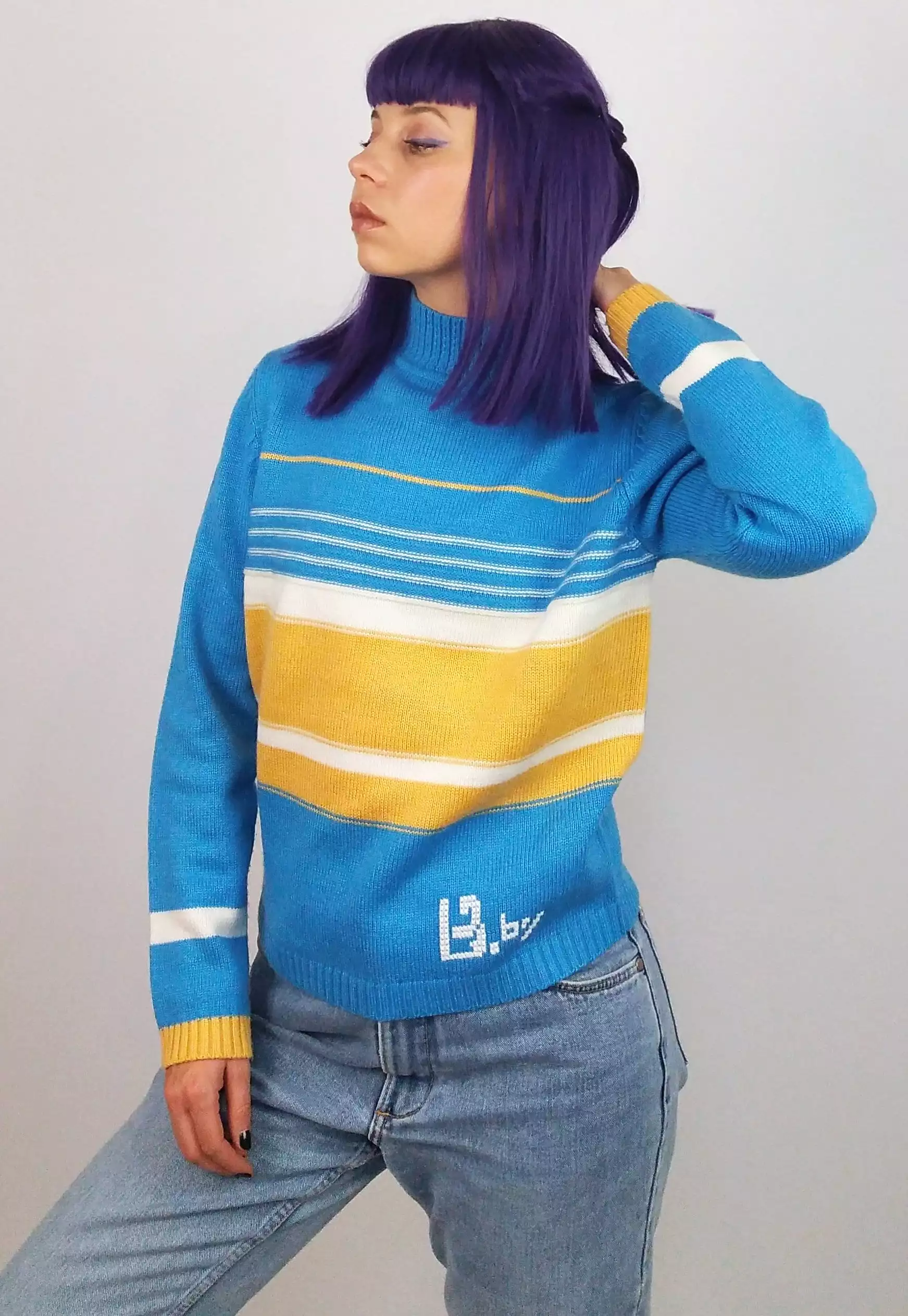 90's Striped Wool Knit Sweater - High Neck, Vintage Style