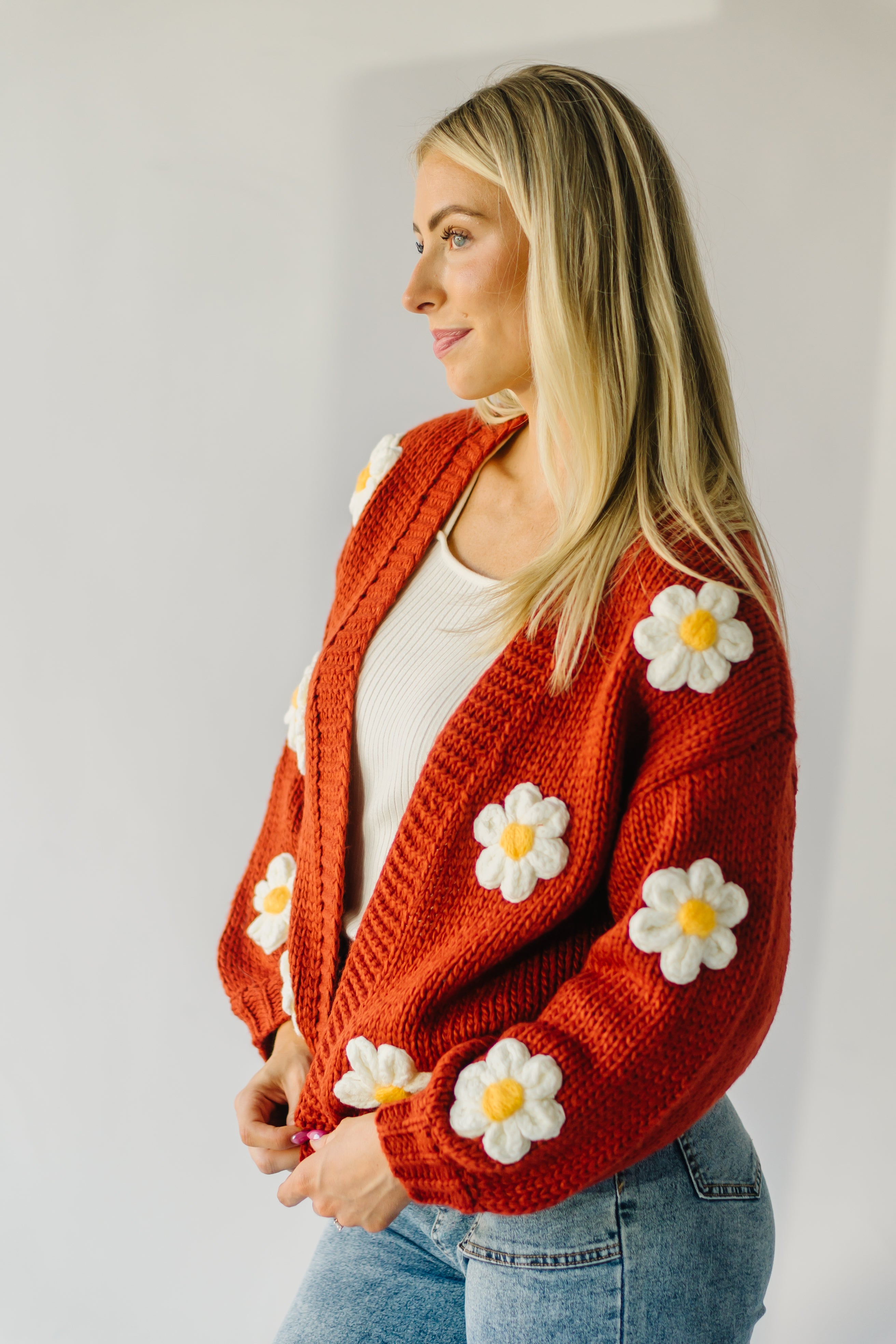 Adara Knit Daisy Detail Cardigan - Rust Color