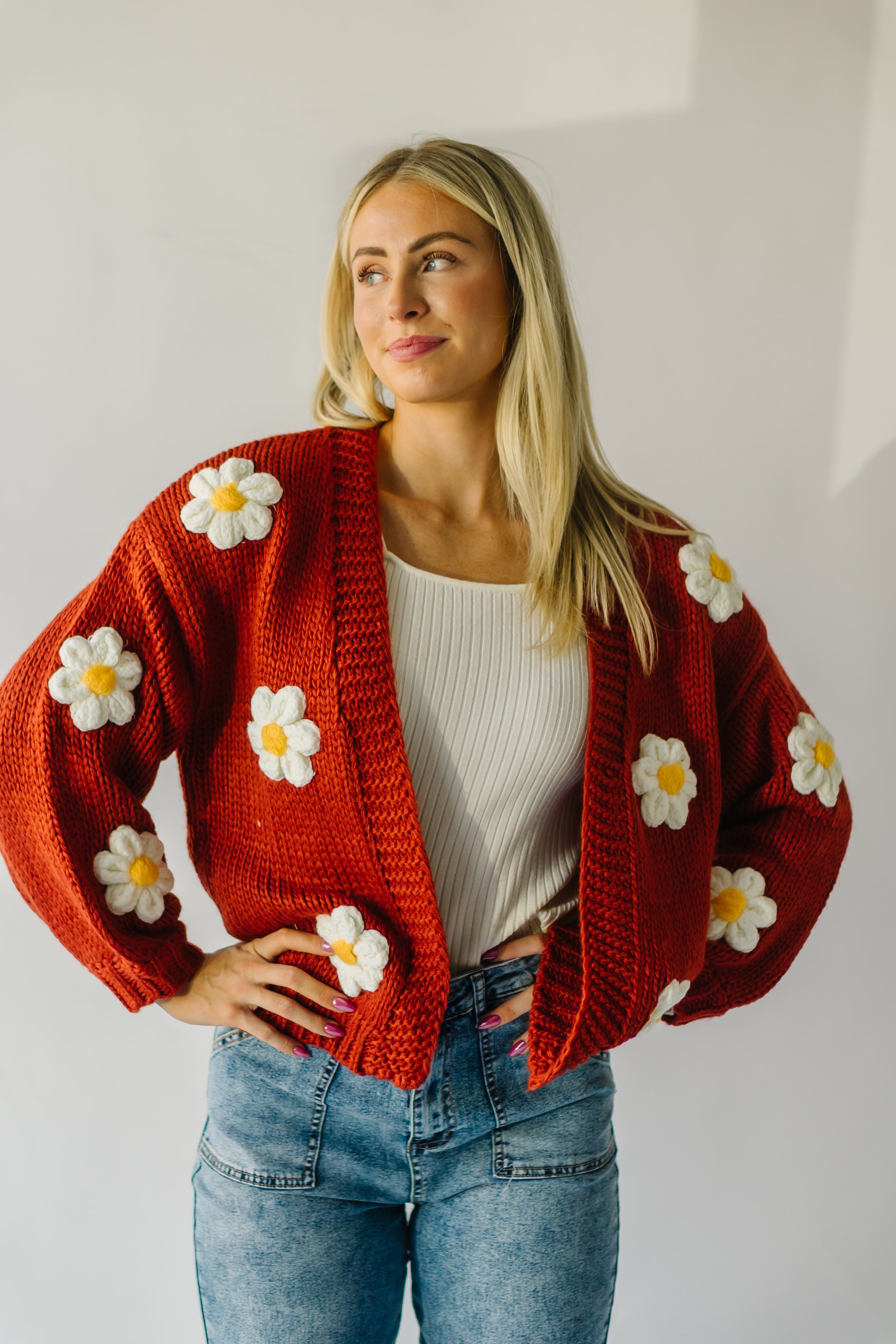 Adara Knit Daisy Detail Cardigan - Rust Color