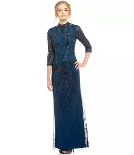 Adrianna Papell AP1E200282 Long Dress with Quarter Sleeves & Embellishments.