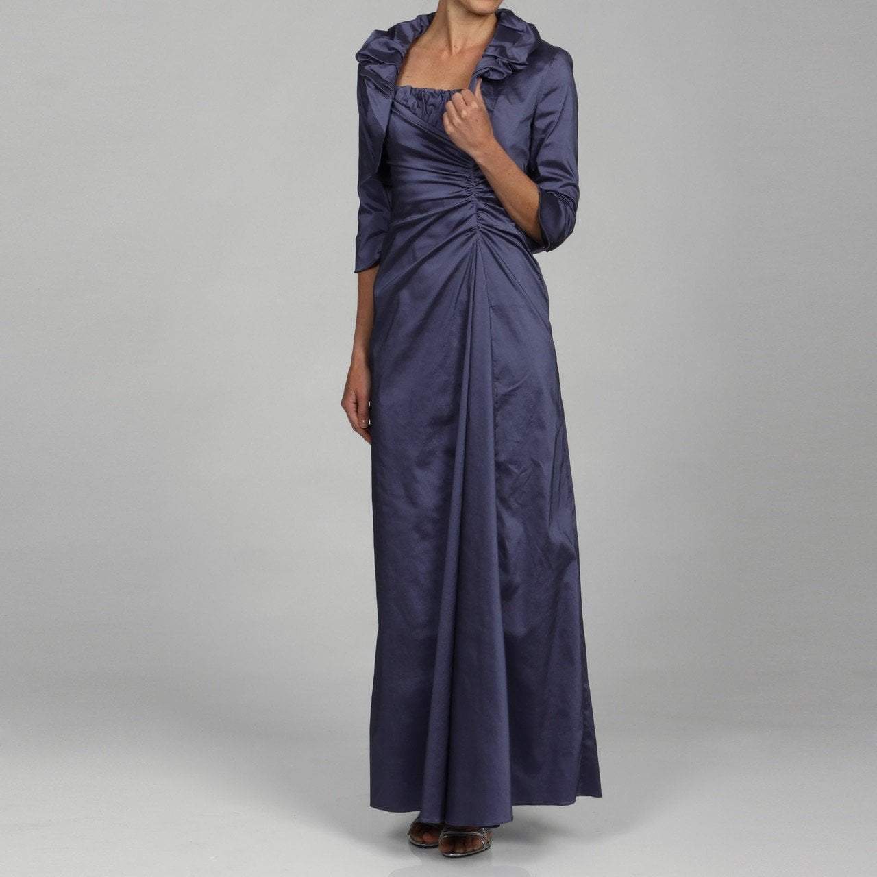 Adrianna Papell Long Satin Dress, Ruffle Neck Bolero | Style 81848880