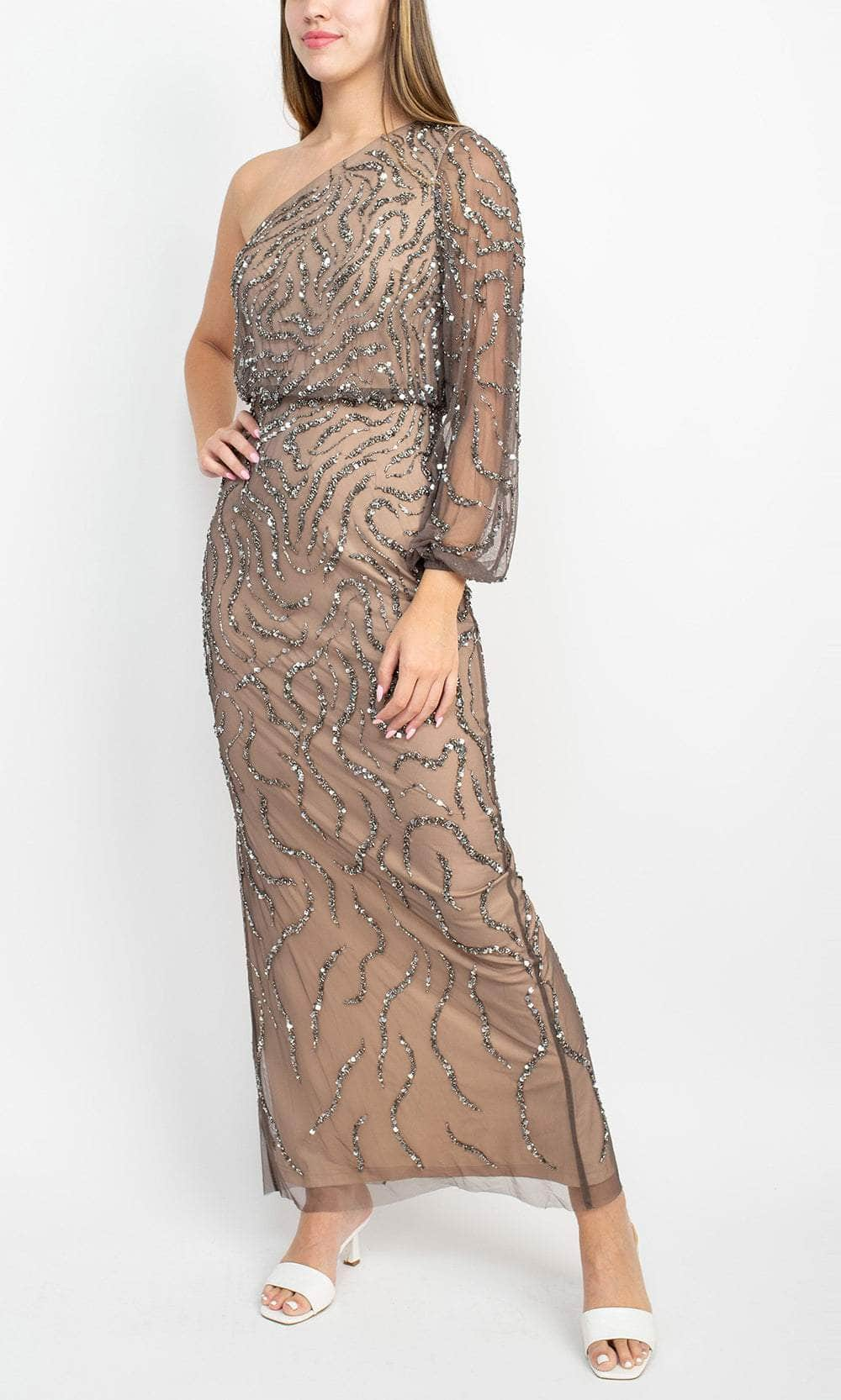 Adrianna Papell One Shoulder Beaded Evening Dress