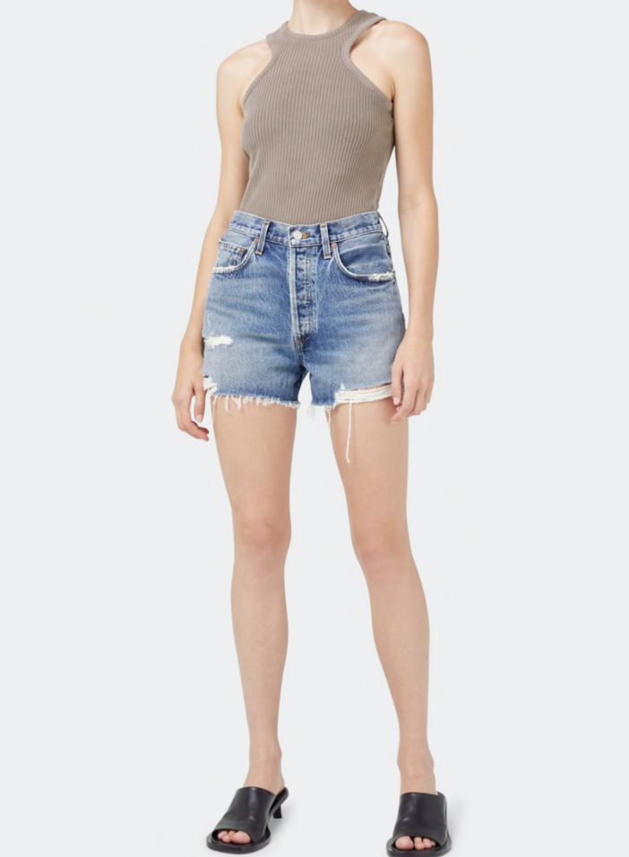 AGOLDE distressed high rise denim shorts in turmoil wash.