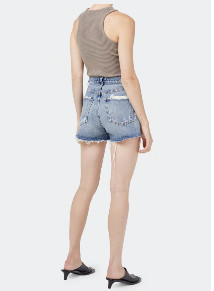 AGOLDE distressed high rise denim shorts in turmoil wash.