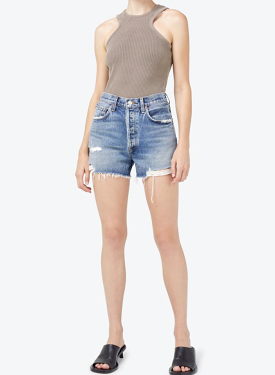 AGOLDE distressed high rise denim shorts in turmoil wash.