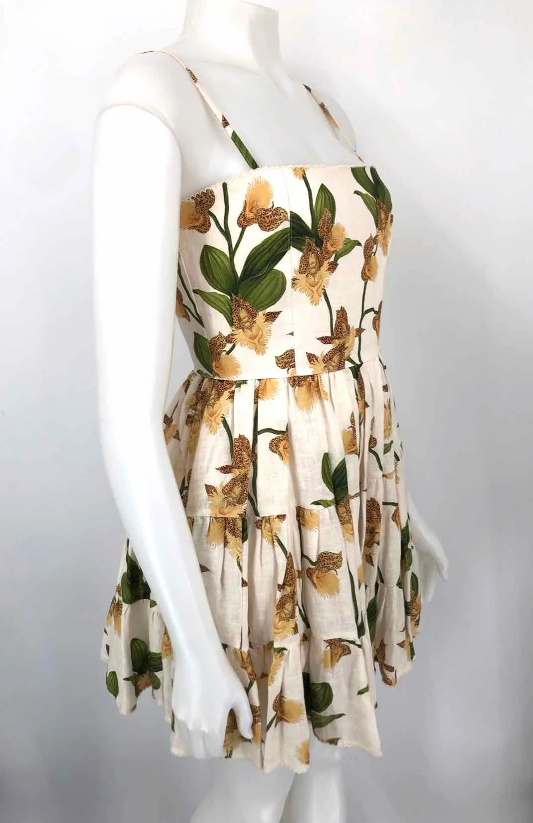 AGUA BENDITA Beige Green Khaki Linen Floral Mini Size SMALL (S) Dress