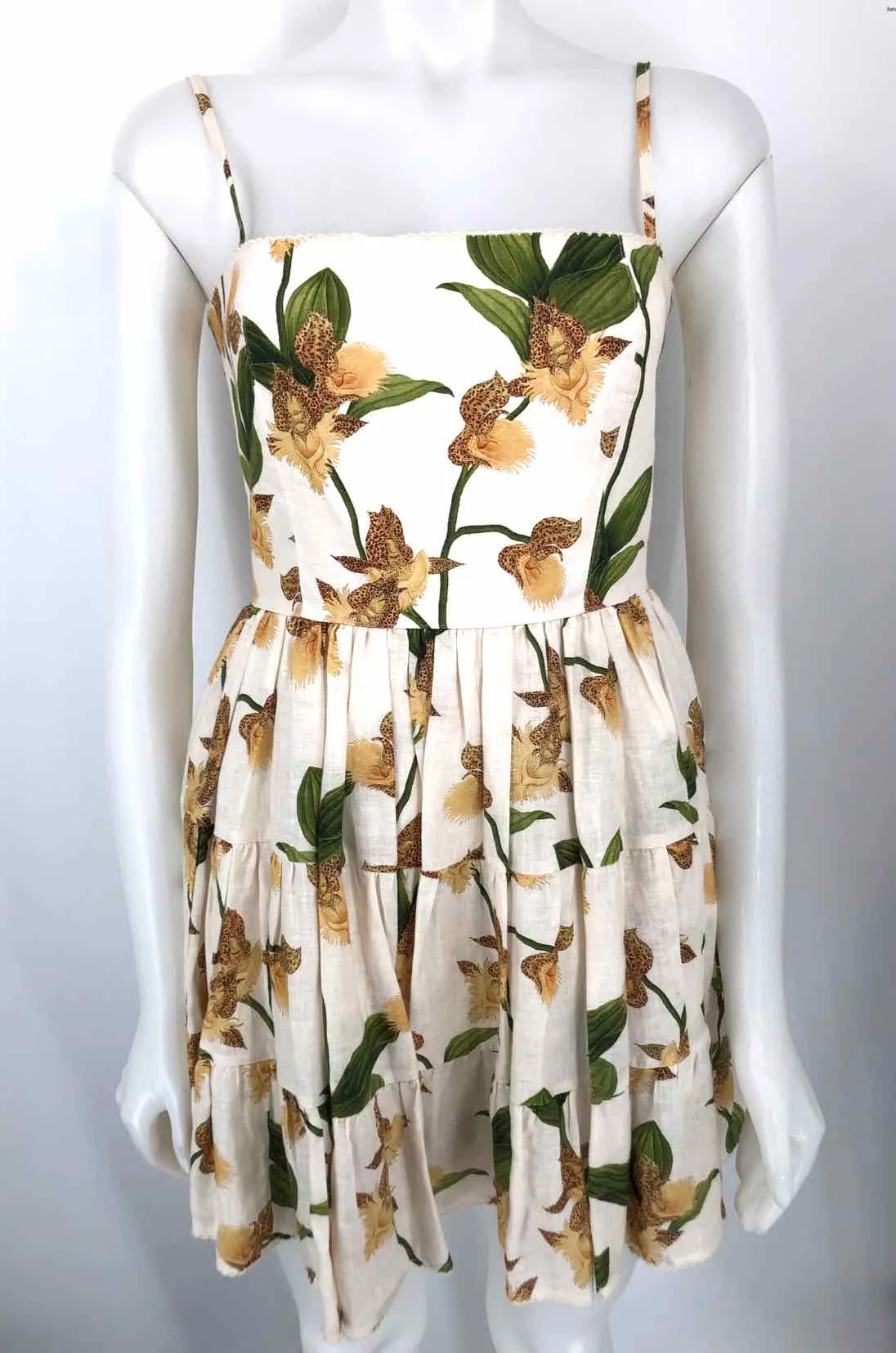 AGUA BENDITA Beige Green Khaki Linen Floral Mini Size SMALL (S) Dress