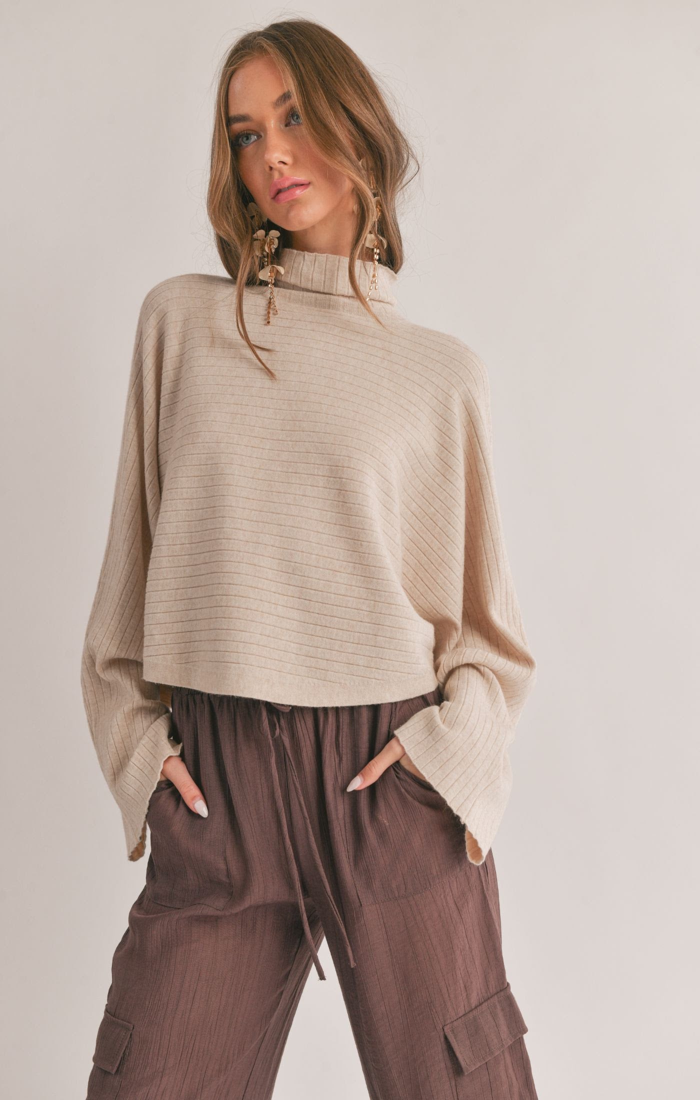 Alba High Neck Dolman Sleeve Ribbed Sweater