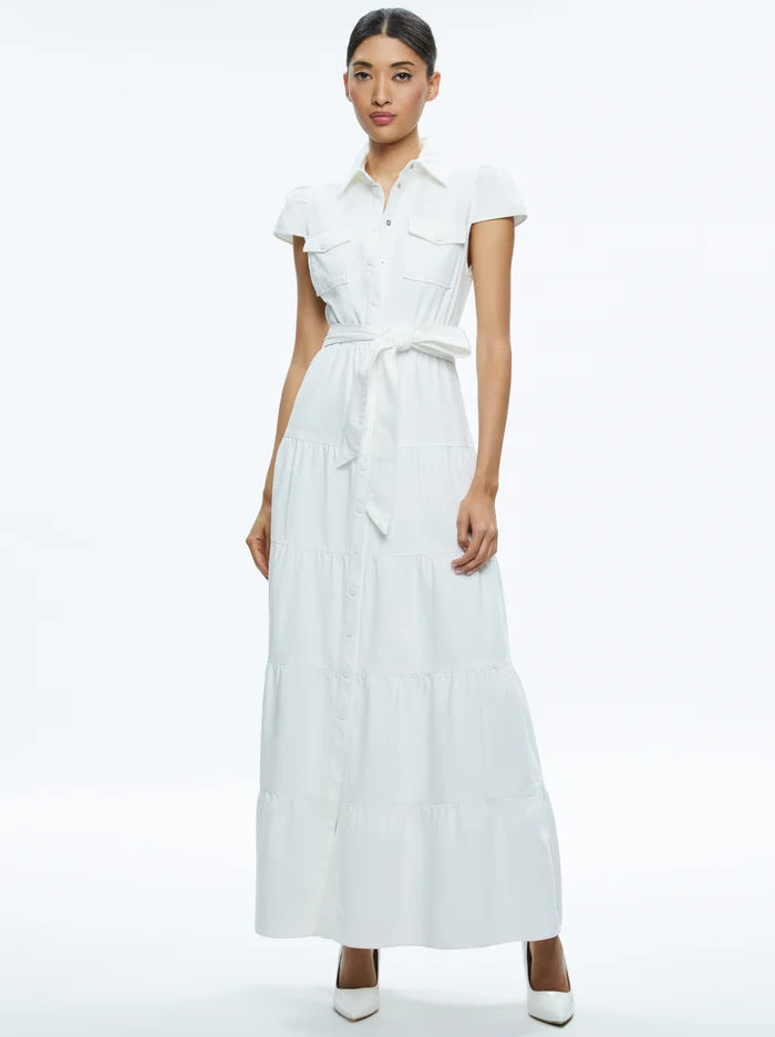 Alice + Olivia Miranda Denim Maxi Dress Off White for sale.