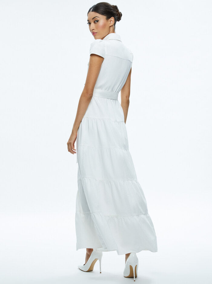 Alice + Olivia Miranda Denim Maxi Dress Off White for sale.