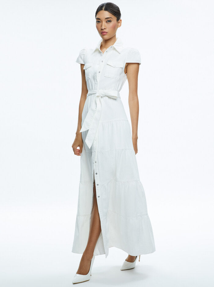 Alice + Olivia Miranda Denim Maxi Dress Off White for sale.