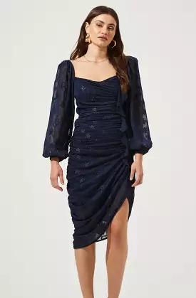 Athens ruched puff sleeve midi dress with burnout fabric