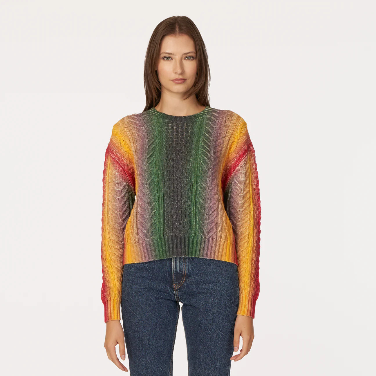 Autumn Cashmere Gradient Striped Cable Crew - Bright Combo - Buy Online