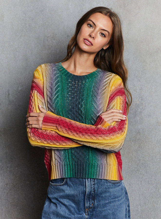 Autumn Cashmere Gradient Striped Cable Crew - Bright Combo - Buy Online