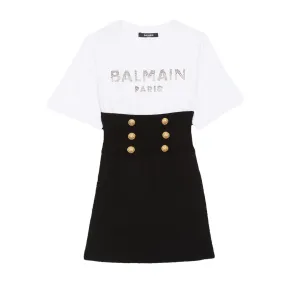 Balmain Black White Dress With Rhinestone Logo