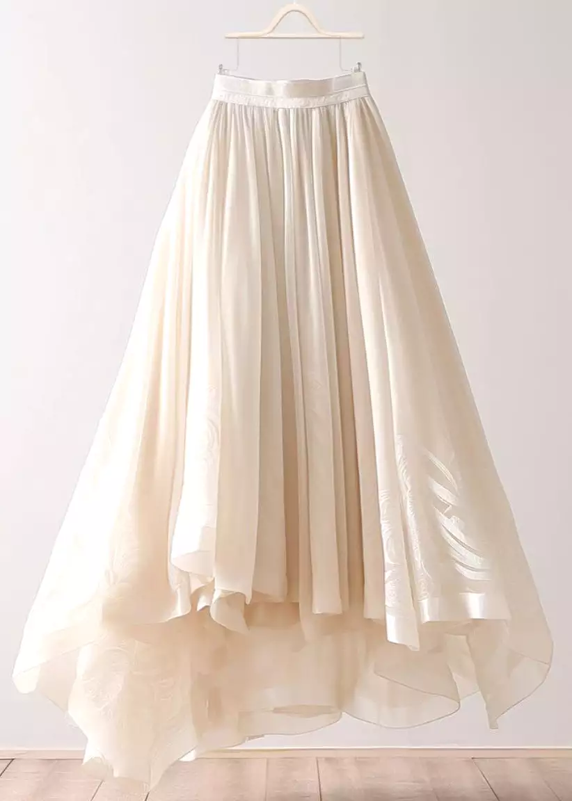 Beige Asymmetrical Chiffon Skirt with Elastic Waist, Wrinkled Style for Summer - AB1013