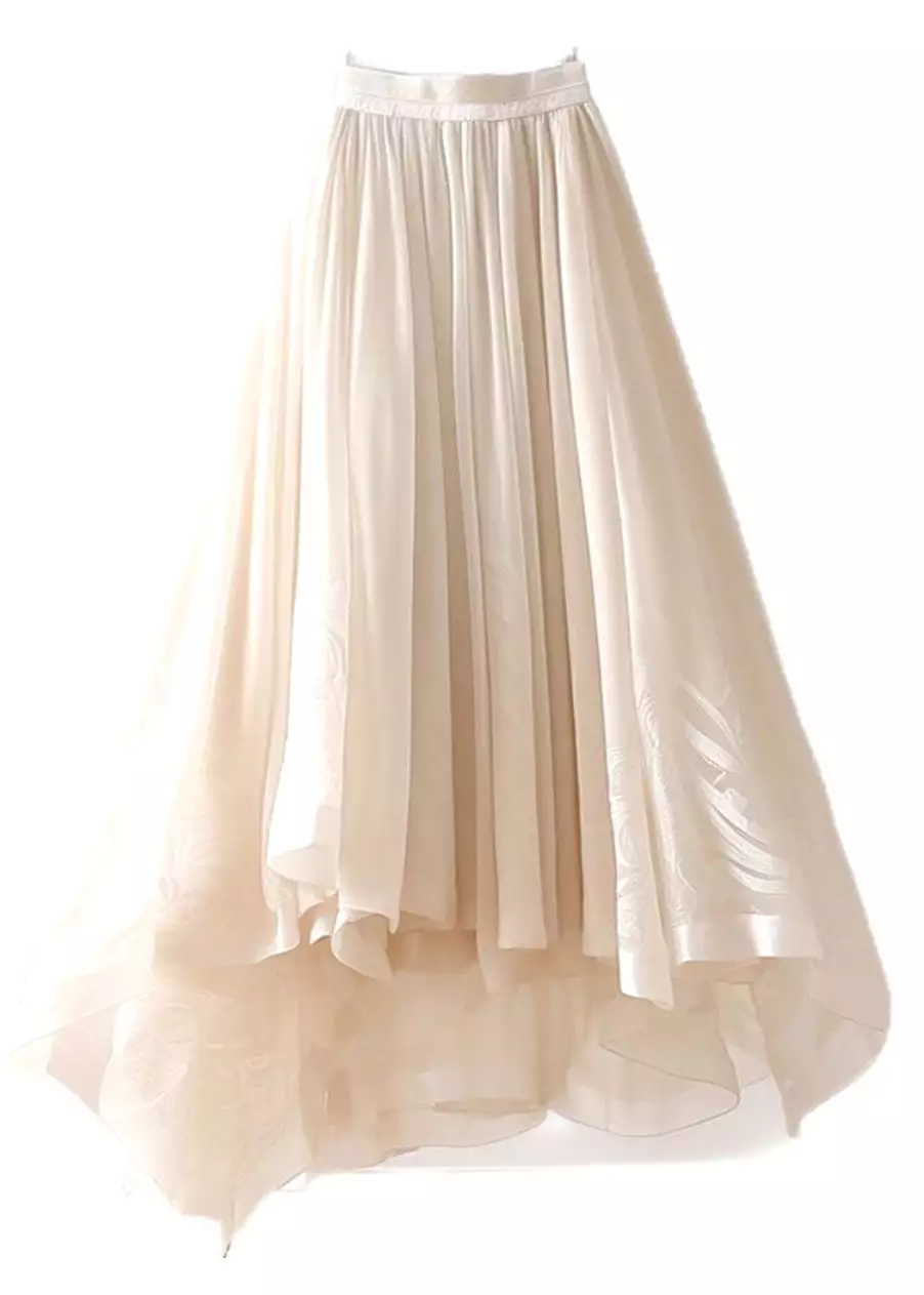 Beige Asymmetrical Chiffon Skirt with Elastic Waist, Wrinkled Style for Summer - AB1013