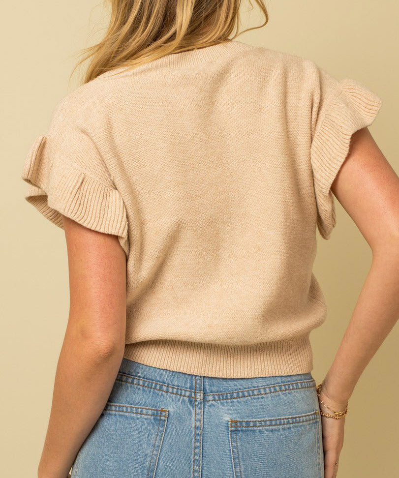 Beige Knit Top with Ruffle Sleeves