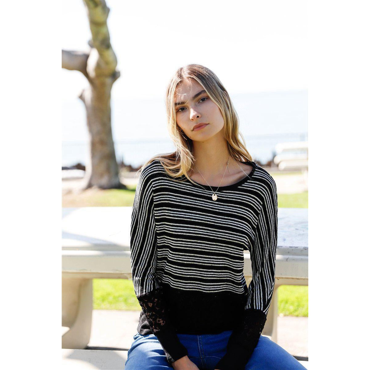 Black Glitter Striped Sweater Top with Crochet Trim | Long Sleeve