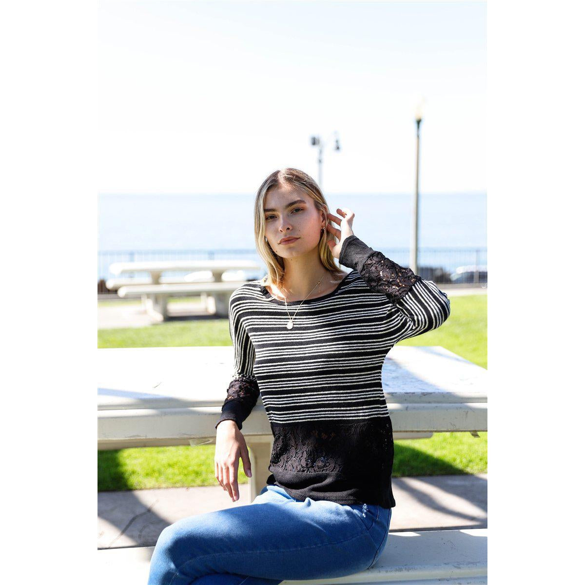 Black Glitter Striped Sweater Top with Crochet Trim | Long Sleeve