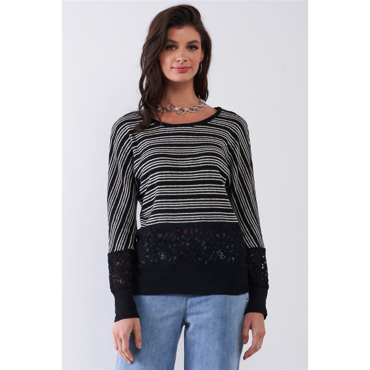 Black Glitter Striped Sweater Top with Crochet Trim | Long Sleeve