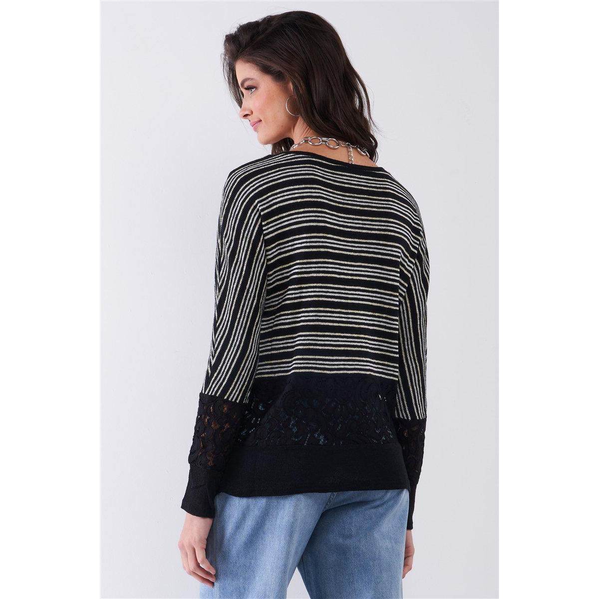 Black Glitter Striped Sweater Top with Crochet Trim | Long Sleeve