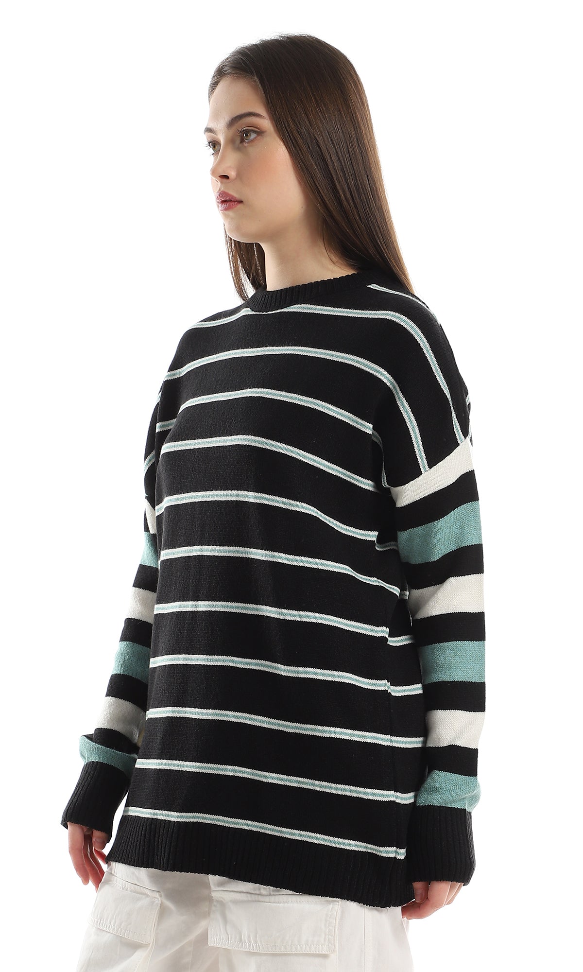 Black Green Off White Striped Oversize Knitted Pullover