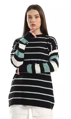 Black Green Off White Striped Oversize Knitted Pullover