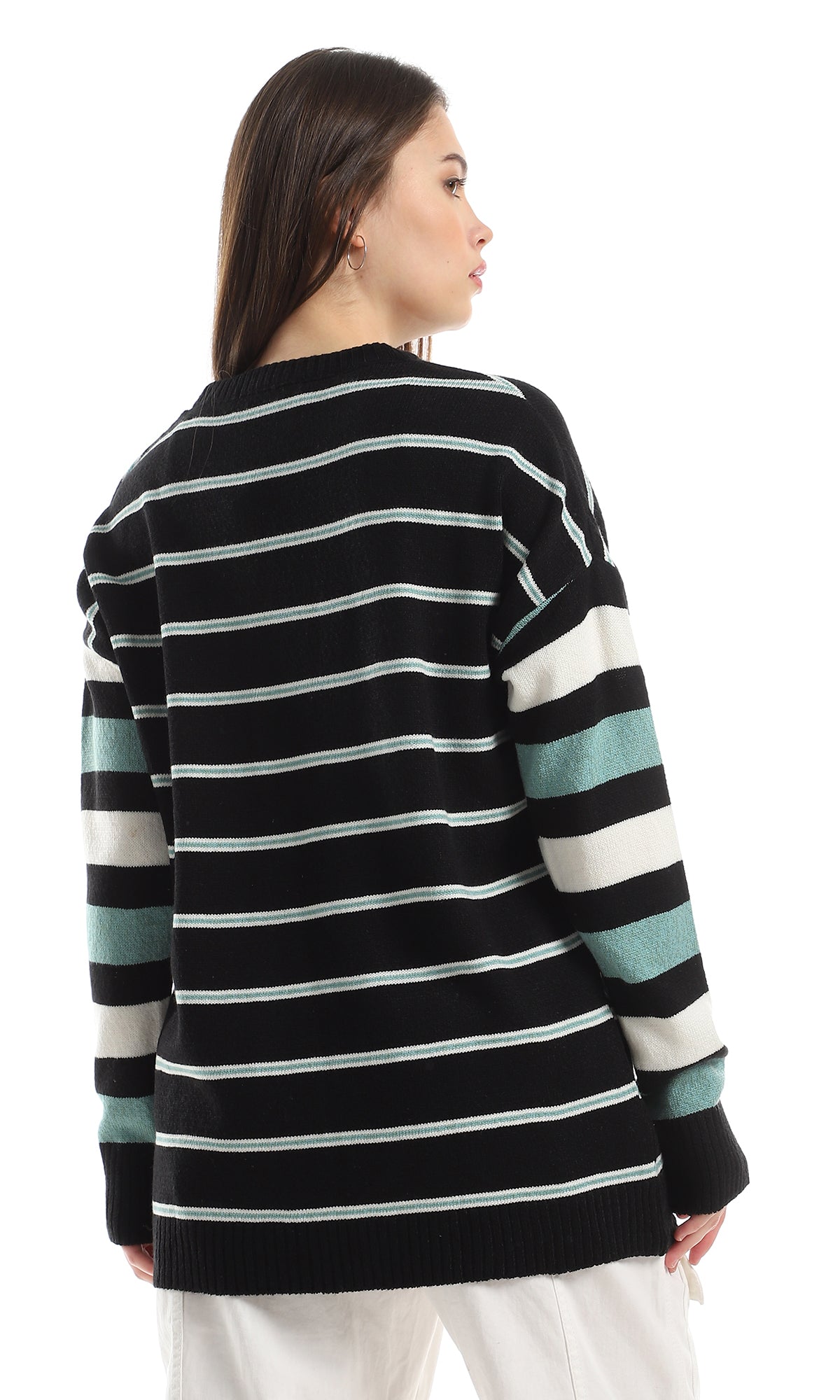 Black Green Off White Striped Oversize Knitted Pullover