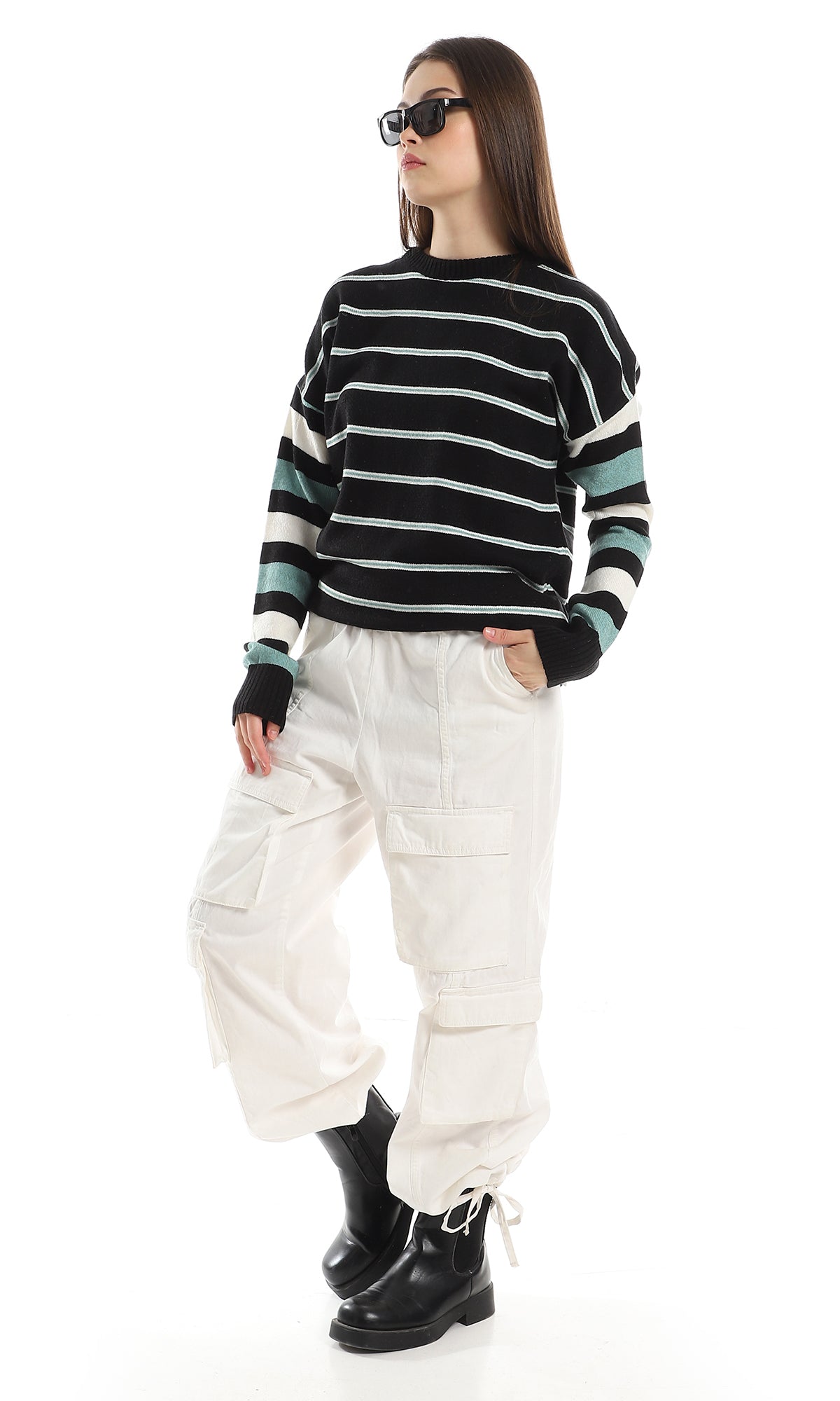 Black Green Off White Striped Oversize Knitted Pullover