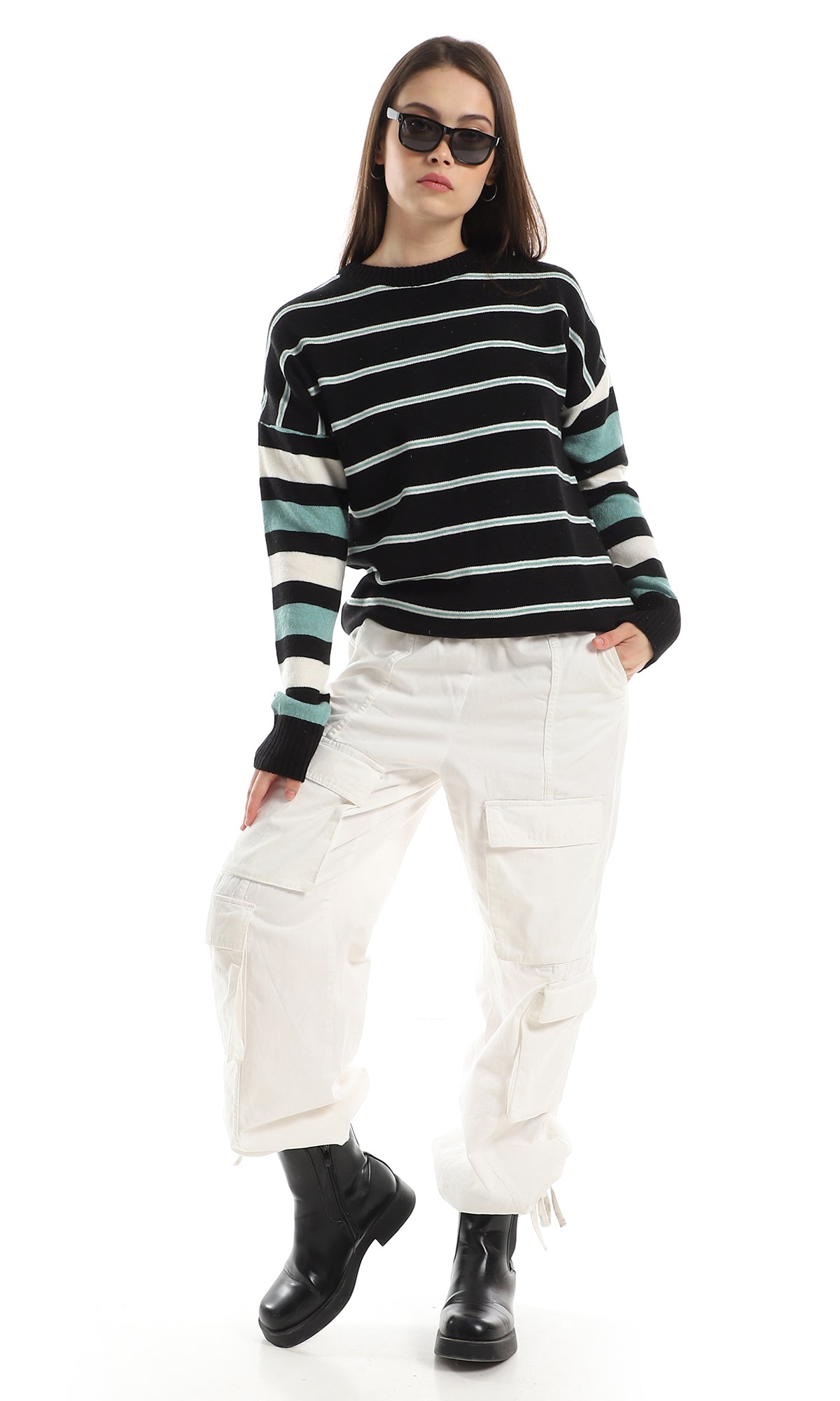 Black Green Off White Striped Oversize Knitted Pullover