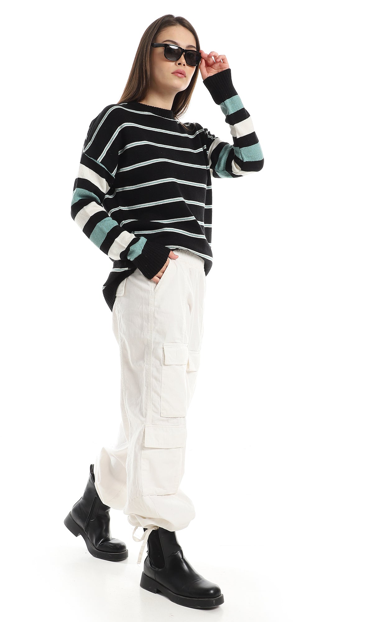 Black Green Off White Striped Oversize Knitted Pullover