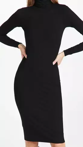 Black Ribbed Turtleneck Sweater Dress