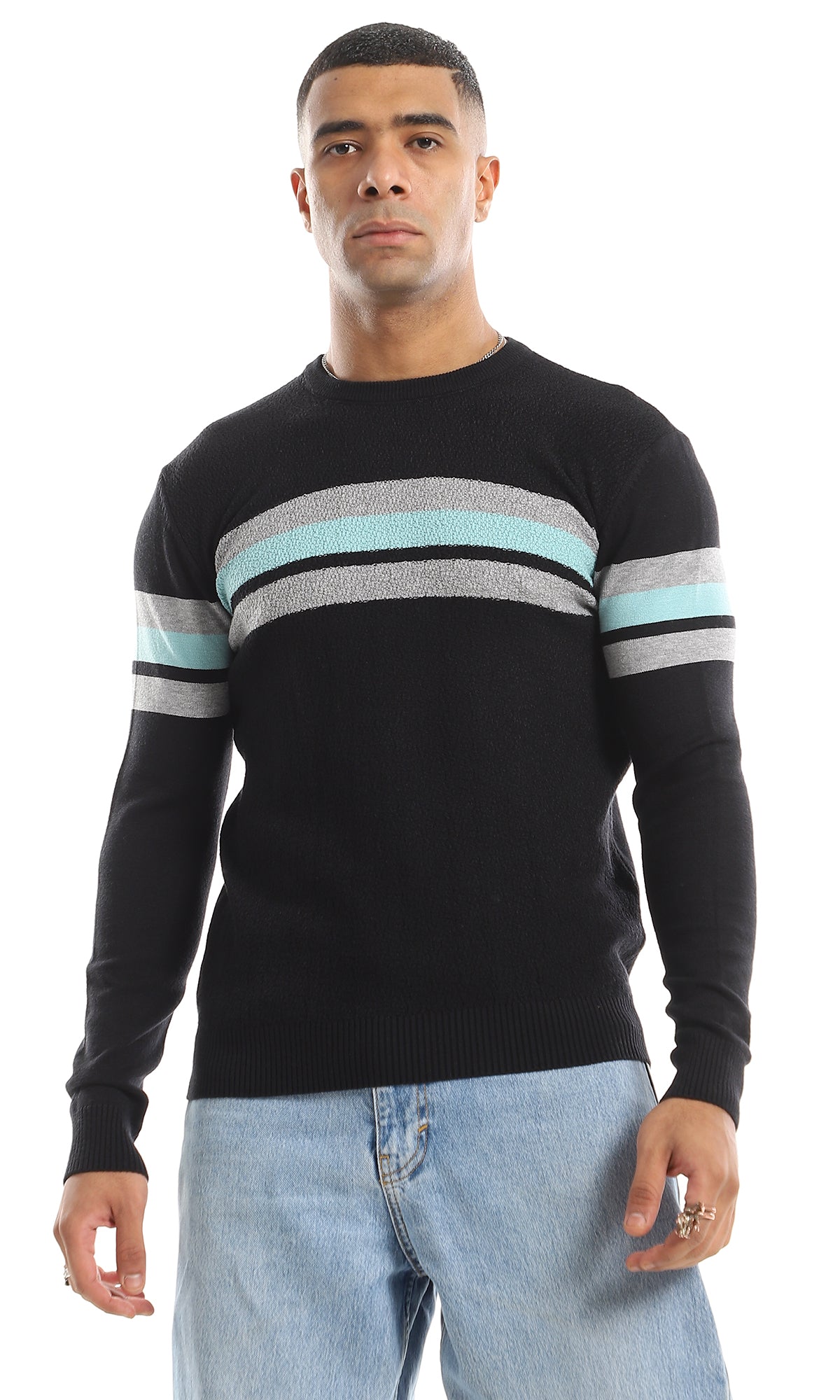 Black Round Neck Chest Striped Slip On Pullover