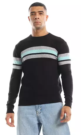 Black Round Neck Chest Striped Slip On Pullover