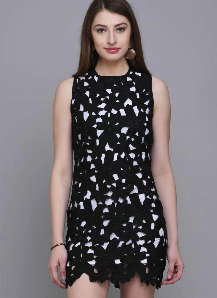 Lace Floral Black Shift Dress