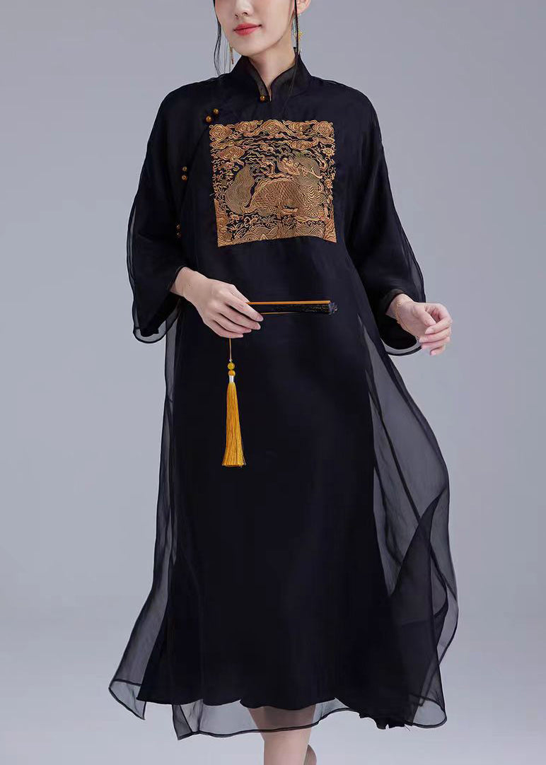 Black Silk Dress with Stand Collar and Long Sleeves with Pockets - QA1012