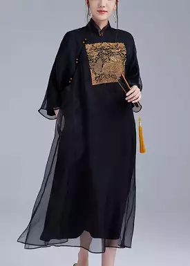 Black Silk Dress with Stand Collar and Long Sleeves with Pockets - QA1012