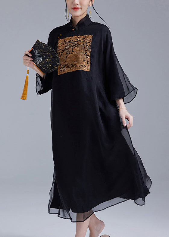 Black Silk Dress with Stand Collar and Long Sleeves with Pockets - QA1012