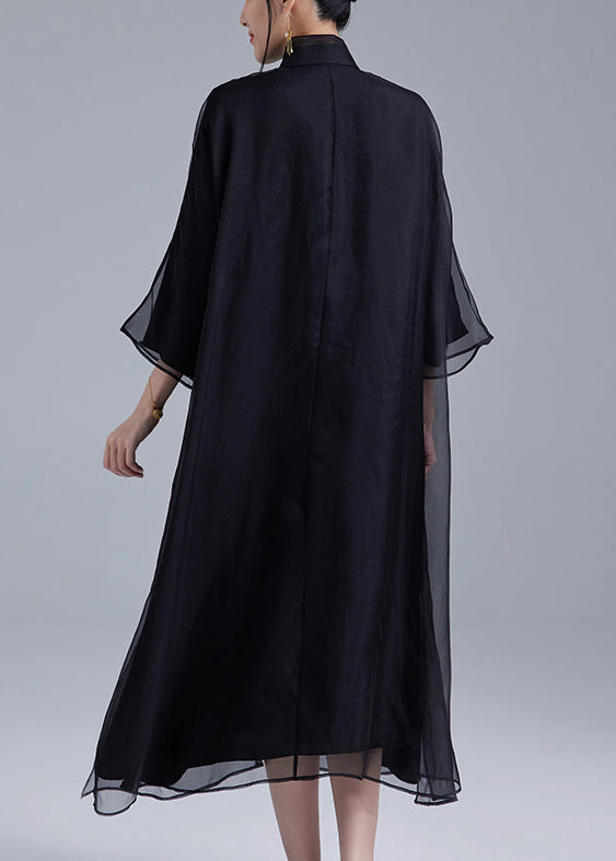 Black Silk Dress with Stand Collar and Long Sleeves with Pockets - QA1012