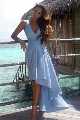 Blue asymmetrical deep V neck sleeveless prom dress