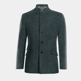 Blue Donegal Tweed Mandarin Collar Blazer