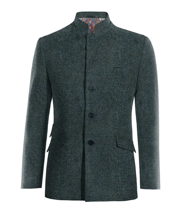 Blue Donegal Tweed Mandarin Collar Blazer