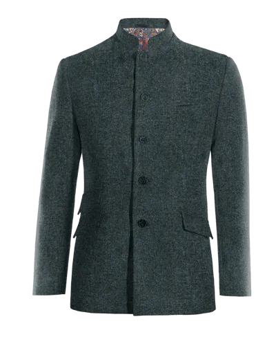 Blue Donegal Tweed Mandarin Collar Blazer