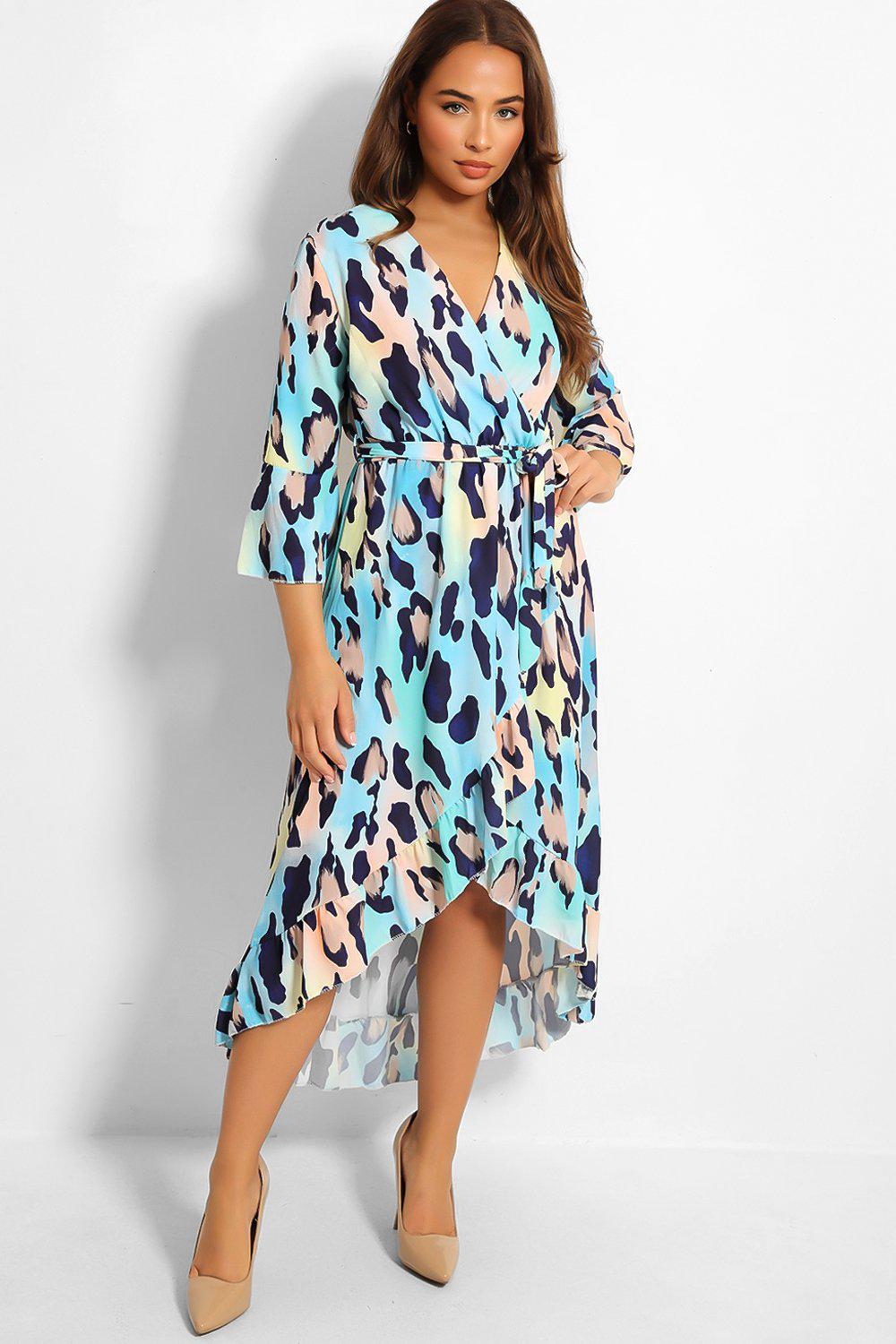 Blue Leopard Print Wrap Dress