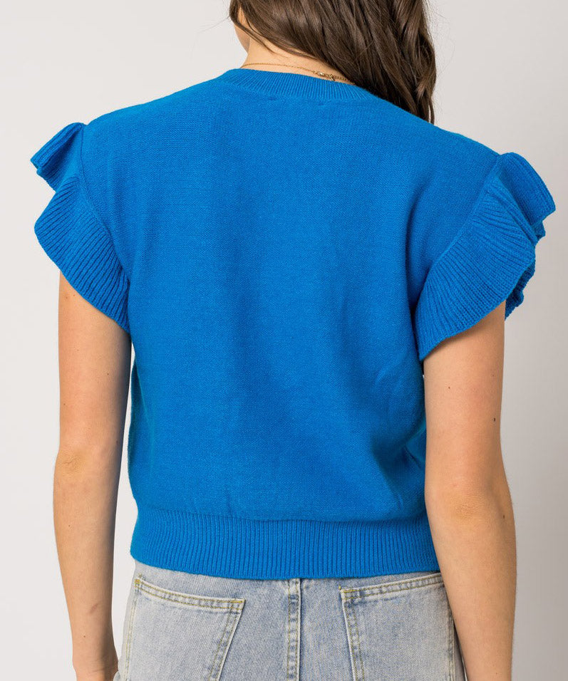 Blue Ruffle Sleeve Knit Top