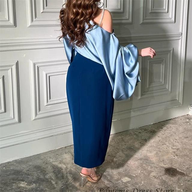 Blue Satin Mermaid Evening Dress Puff Sleeves Vintage Long