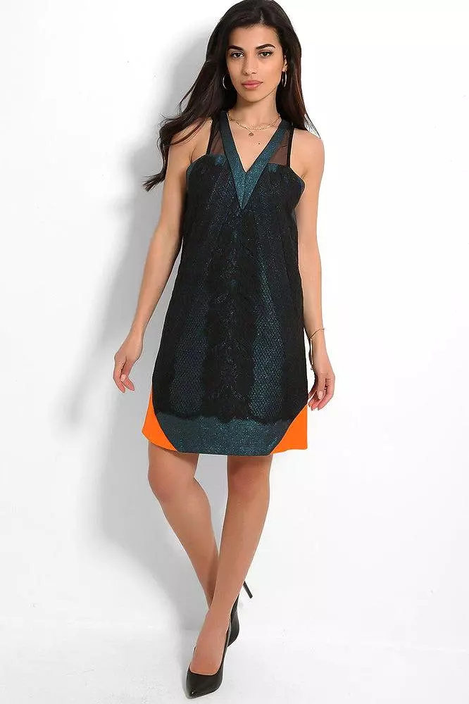 Blue Sparkly Dress with Orange Accents